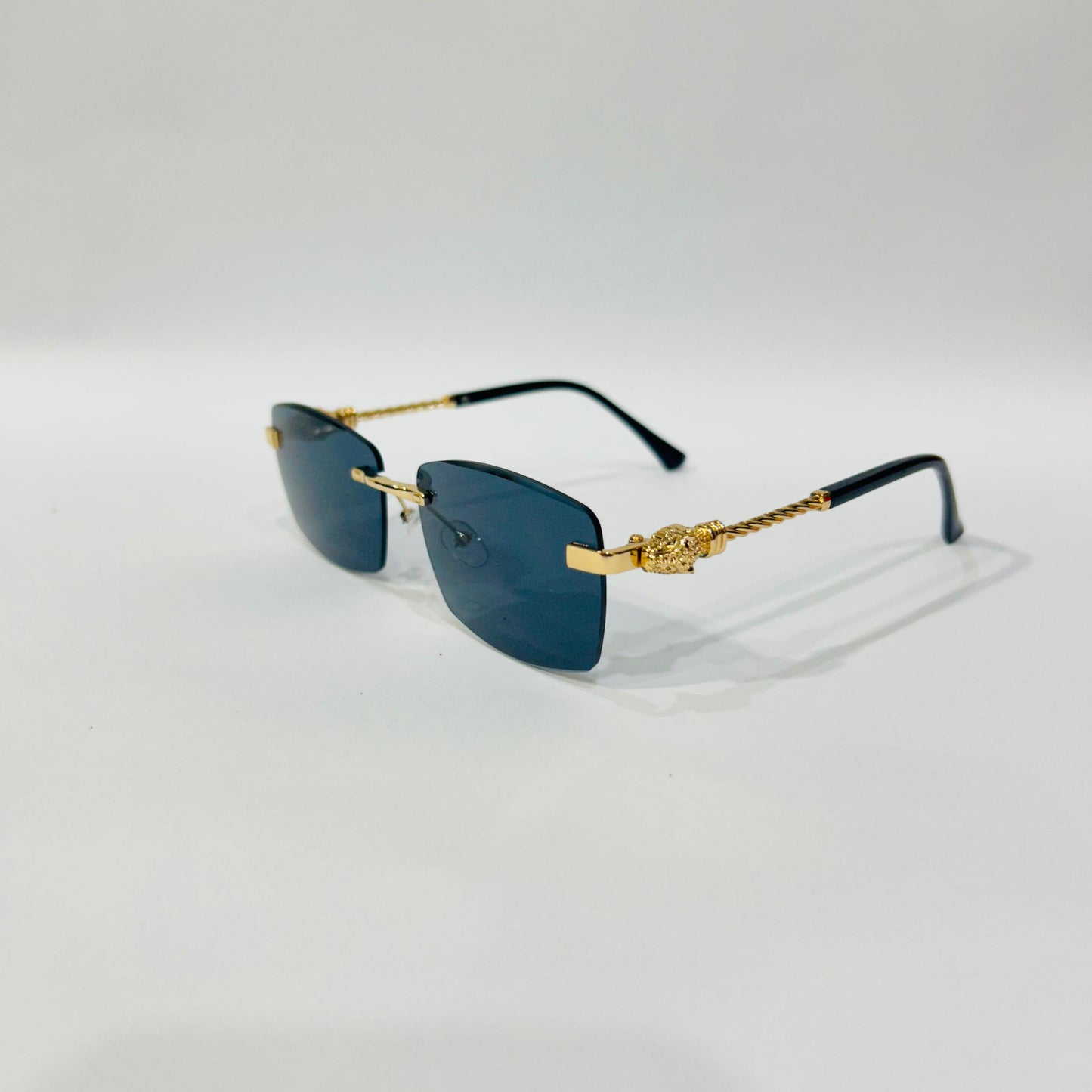 Luxury Rimless Square Sunglasses with Gold Temple & Lion Detail – Unisex