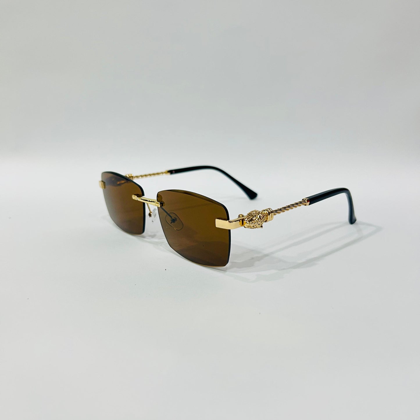 Luxury Rimless Square Sunglasses with Gold Temple & Lion Detail – Unisex
