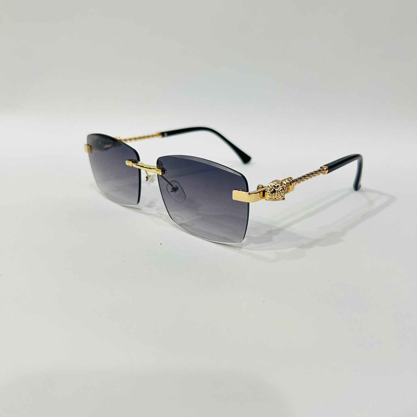 Luxury Rimless Square Sunglasses with Gold Temple & Lion Detail – Unisex