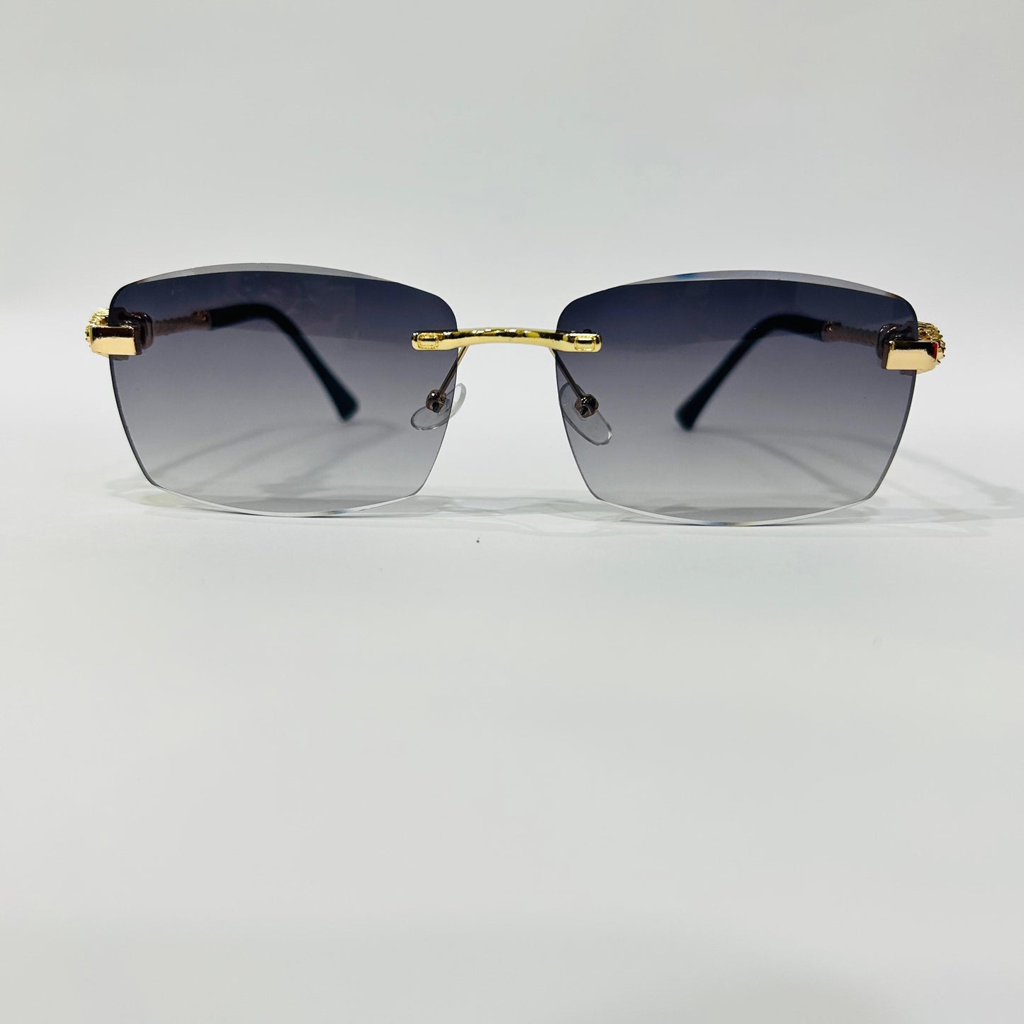 Luxury Rimless Square Sunglasses with Gold Temple & Lion Detail – Unisex
