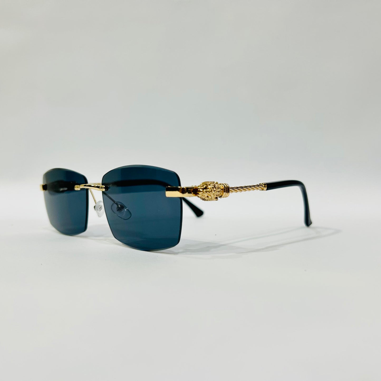 Luxury Rimless Square Sunglasses with Gold Temple & Lion Detail – Unisex