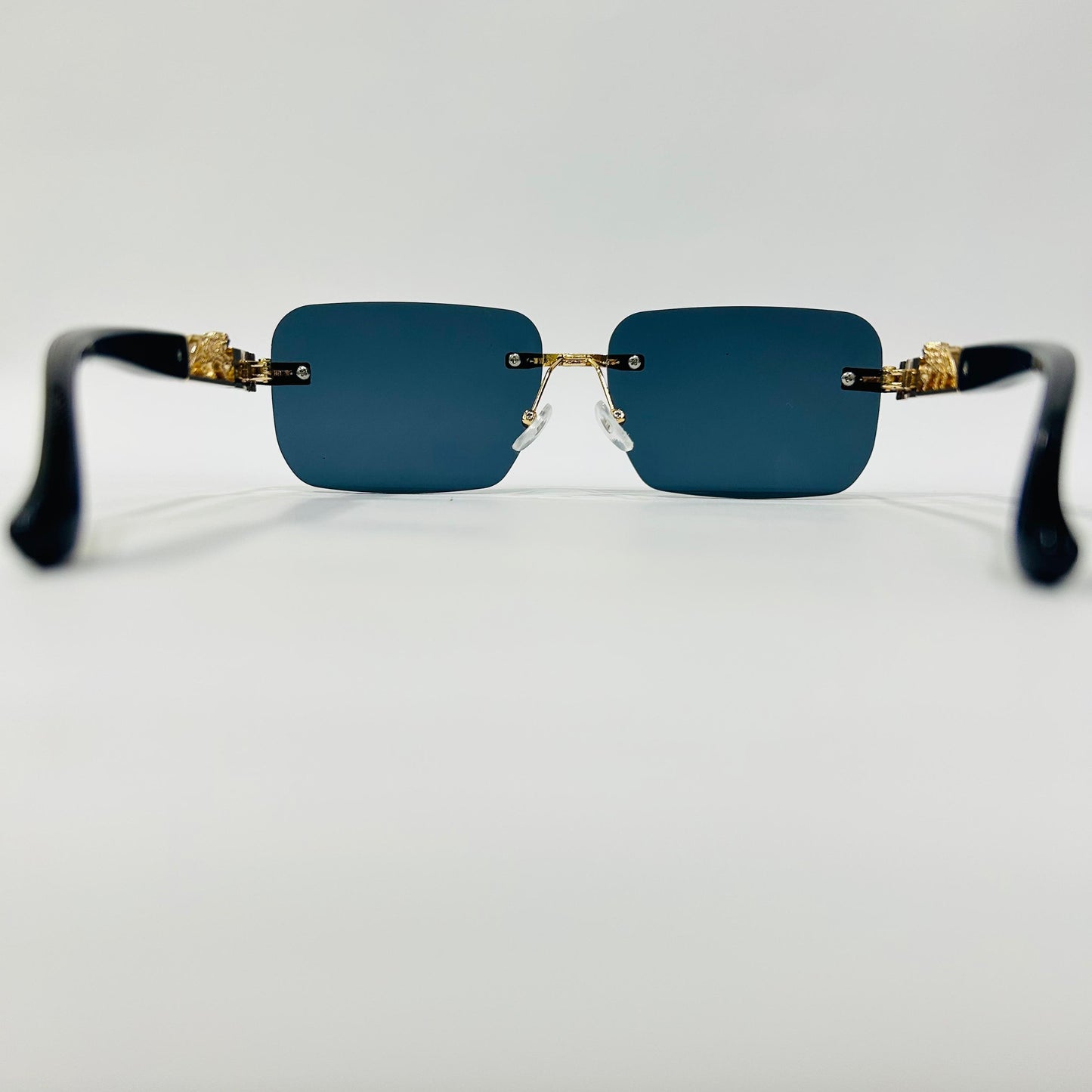 Luxury Rimless Square Sunglasses with Gold Temple & Lion Detail – Unisex