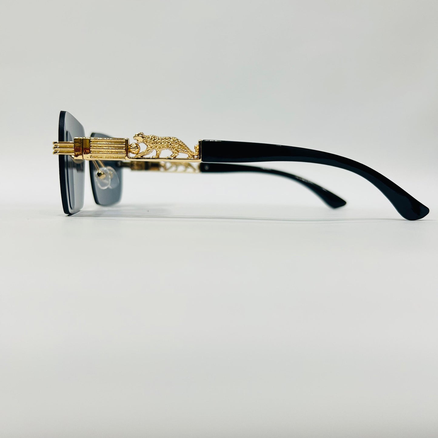 Luxury Rimless Square Sunglasses with Gold Temple & Lion Detail – Unisex