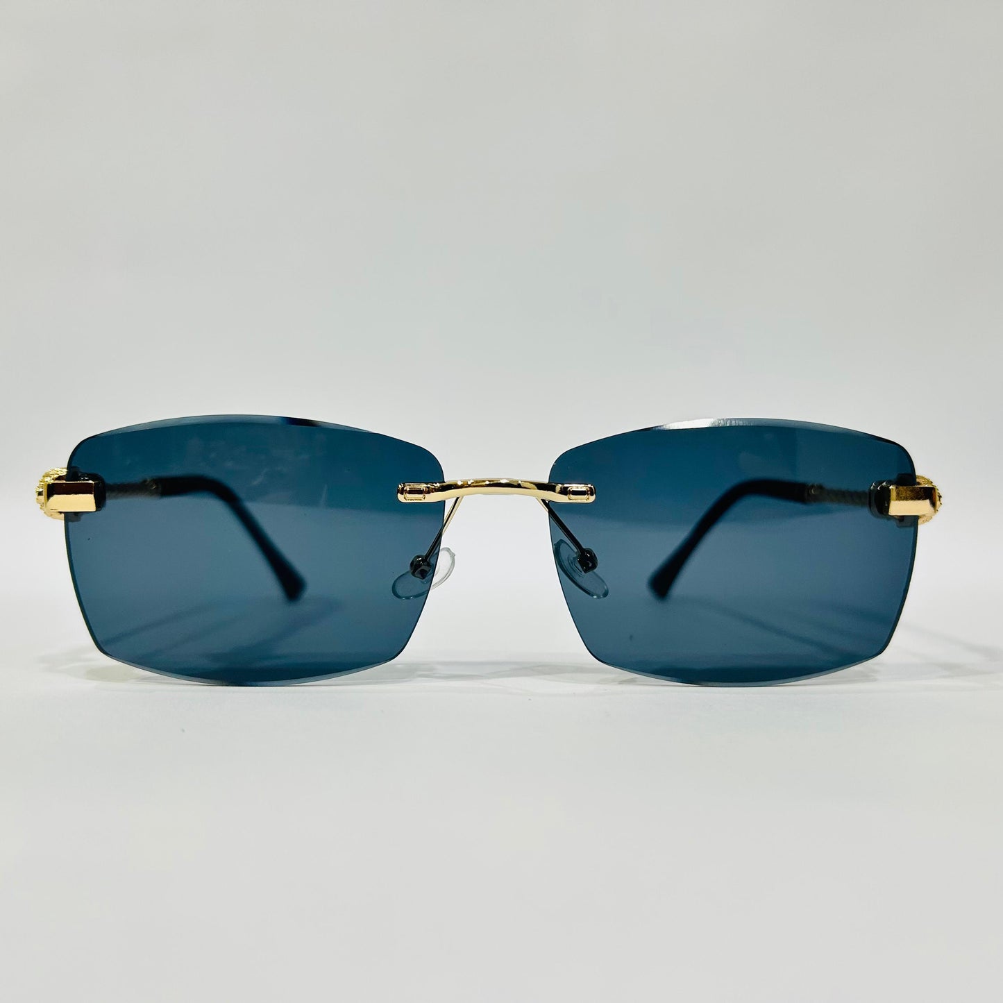 Luxury Rimless Square Sunglasses with Gold Temple & Lion Detail – Unisex