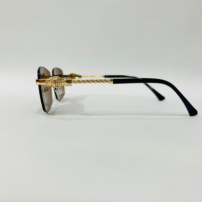 Luxury Rimless Square Sunglasses with Gold Temple & Lion Detail – Unisex