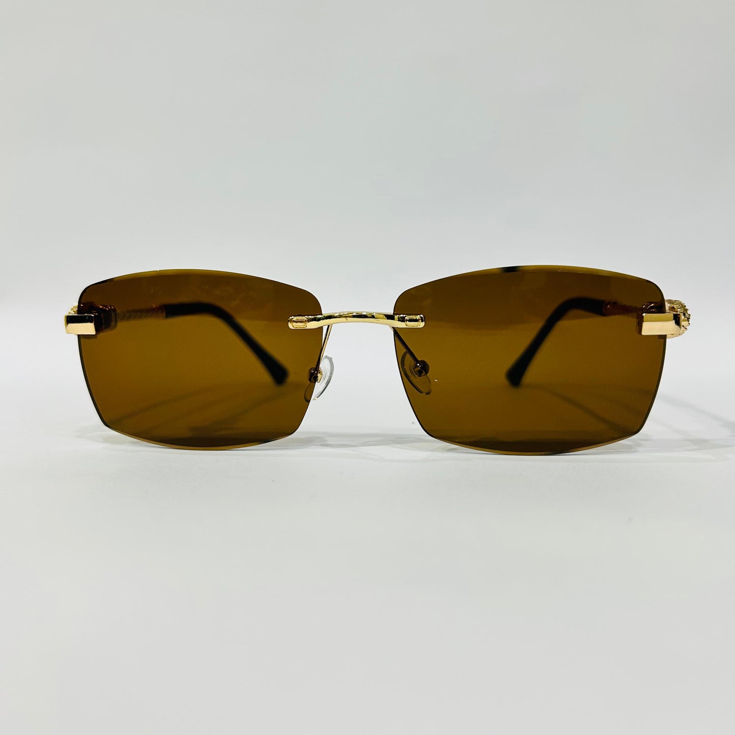 Luxury Rimless Square Sunglasses with Gold Temple & Lion Detail – Unisex