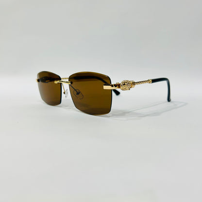 Luxury Rimless Square Sunglasses with Gold Temple & Lion Detail – Unisex
